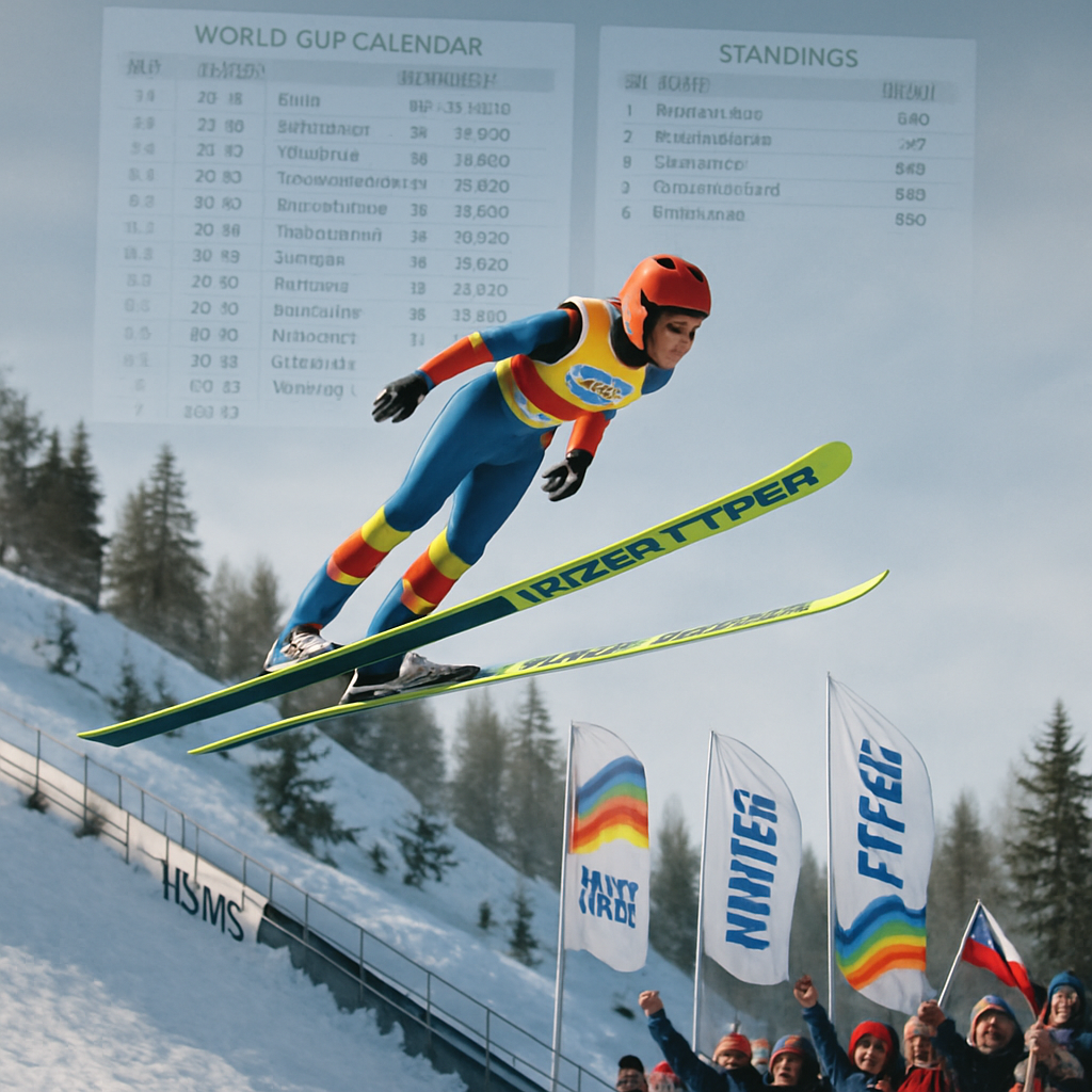 A ski jumper amidst an exhilarating jump during the World Cup 2025/2026 season, capturing