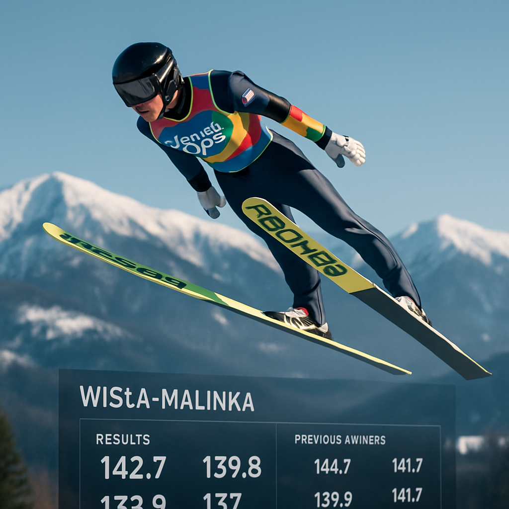 A ski jumper soaring through the air with statistical data overlay, representing the World